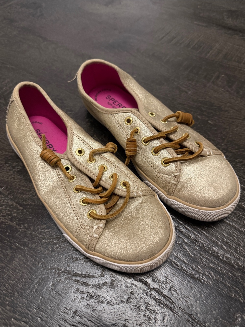 Sperry Kids Metallic Gold Slip-On Lace Sneakers with Pink Insole